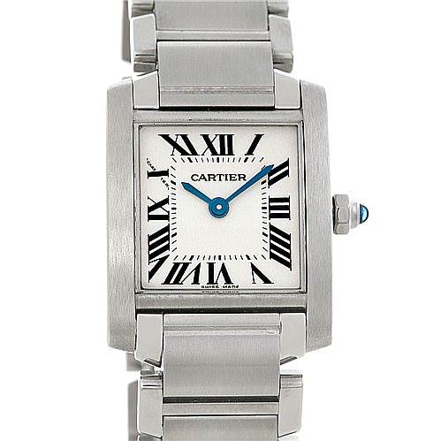 The image shows a front view of a Cartier Tank Francaise W51008Q3 Women's Stainless Steel White Dial W51008Q3 Women's Stainless Steel White Dial watch, displaying its square face, Roman numerals, and metal bracelet.