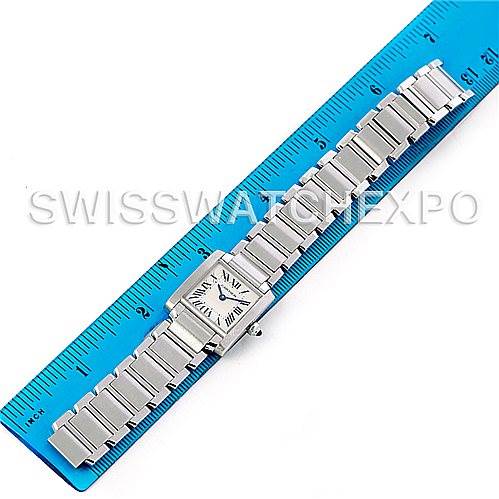 The Cartier Tank Francaise W51008Q3 Women's Stainless Steel White Dial W51008Q3 Women's Stainless Steel White Dial watch is shown in a top-down view, displaying its entire bracelet and square dial next to a ruler for scale.