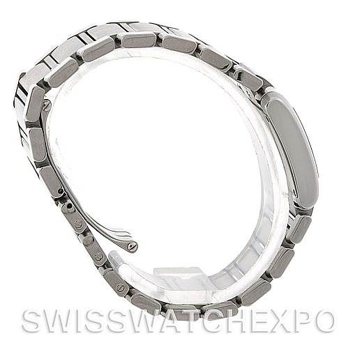 The image shows a side view of the bracelet and case back of a Cartier Tank Française watch.