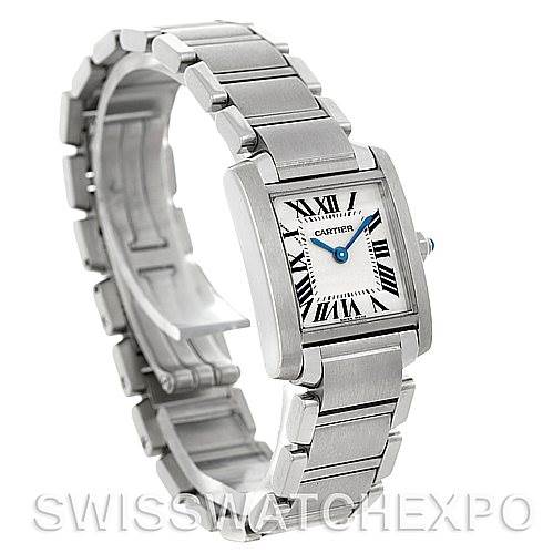 The image shows the Cartier Tank Francaise W51008Q3 Women's Stainless Steel White Dial W51008Q3 Women's Stainless Steel White Dial watch at a three-quarter angle, highlighting its bracelet, rectangular case, and dial.