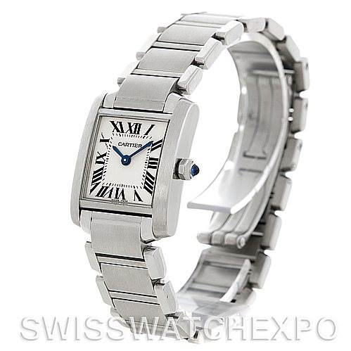 This image shows a Cartier Tank Francaise W51008Q3 Women's Stainless Steel White Dial W51008Q3 Women's Stainless Steel White Dial watch angled slightly to the side, displaying the face, crown, and metal bracelet.
