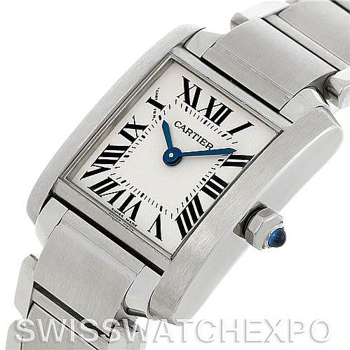 The image shows the dial, bezel, crown, and part of the stainless steel bracelet of a Cartier Tank Francaise W51008Q3 Women's Stainless Steel White Dial W51008Q3 Women's Stainless Steel White Dial watch at an angled view.