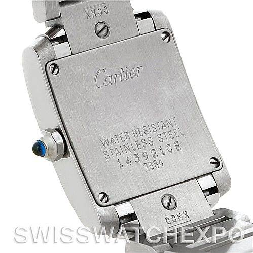 The image shows the back of the Cartier Tank Francaise W51008Q3 Women's Stainless Steel White Dial W51008Q3 Women's Stainless Steel White Dial watch, highlighting the stainless steel case and water resistance details.