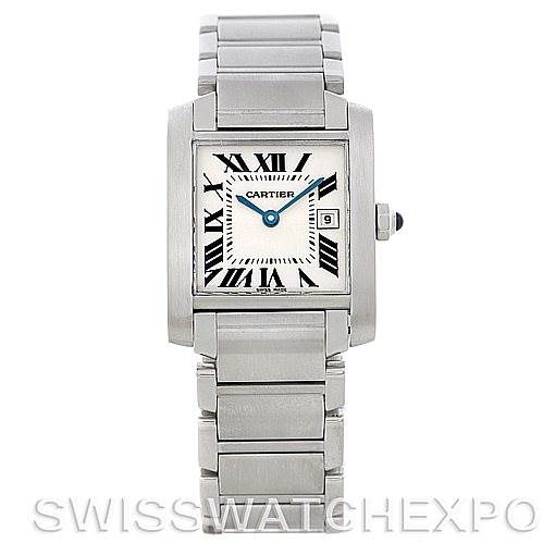 This is a front view of the Cartier Tank Francaise W51011Q3 Women
s Stainless Steel Silver Dial W51011Q3 Women
s Stainless Steel Silver Dial watch, showing its stainless steel bracelet, rectangular case, and Roman numeral dial.