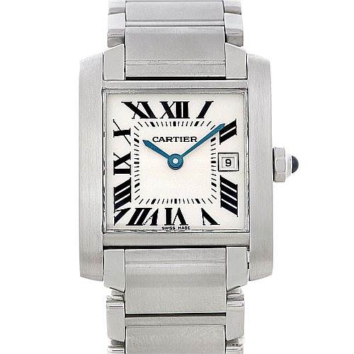 The image shows a front view of the Cartier Tank Francaise W51011Q3 Women
s Stainless Steel Silver Dial W51011Q3 Women
s Stainless Steel Silver Dial watch, highlighting its face, Roman numerals, and date window.