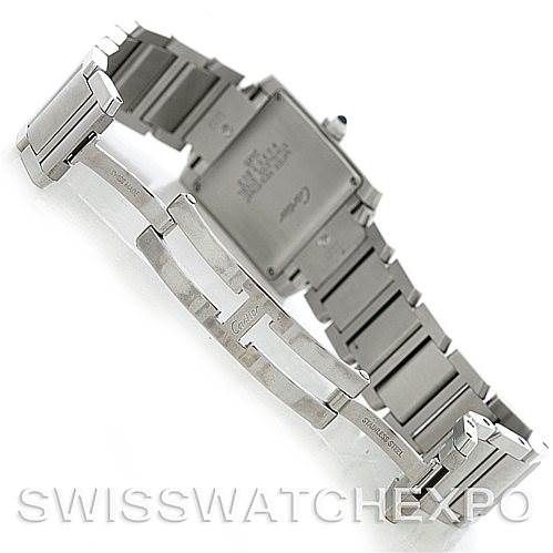 The image shows the back view of a Cartier Tank Francaise W51011Q3 Women
s Stainless Steel Silver Dial W51011Q3 Women
s Stainless Steel Silver Dial watch, highlighting the case back and metal bracelet.