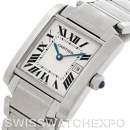 The Cartier Tank Française watch is shown from an angled top view, highlighting its face, case, and part of the bracelet.
