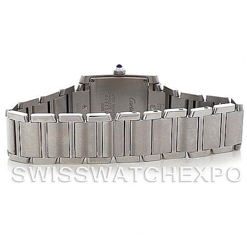 The image shows the back of a Cartier Tank Francaise W51011Q3 Women
s Stainless Steel Silver Dial W51011Q3 Women
s Stainless Steel Silver Dial watch, focusing on its stainless steel bracelet and clasp.