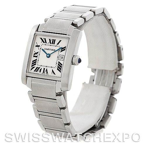 This image shows a Cartier Tank Francaise W51011Q3 Women
s Stainless Steel Silver Dial W51011Q3 Women
s Stainless Steel Silver Dial watch from a slight diagonal angle, highlighting its face, bracelet, and crown.