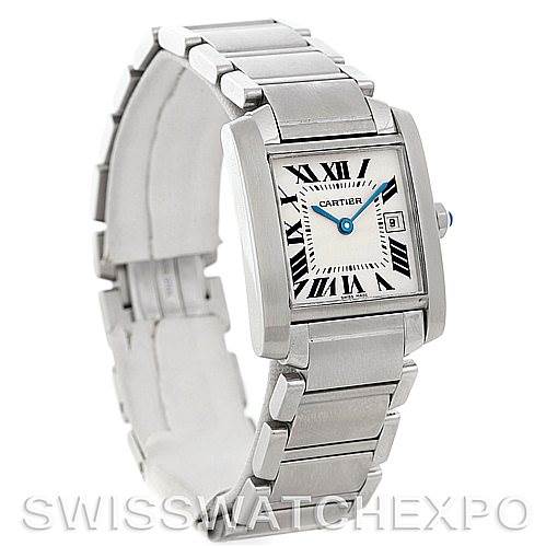 The image shows a Cartier Tank Francaise W51011Q3 Women
s Stainless Steel Silver Dial W51011Q3 Women
s Stainless Steel Silver Dial watch, angled to display the face, bracelet, crown, and clasp.