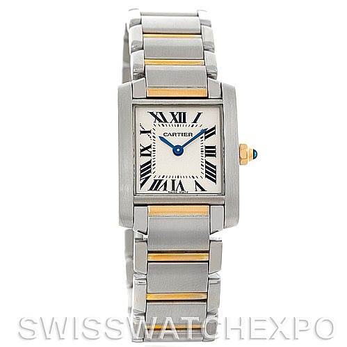 The image shows a Cartier Tank Francaise W51007Q4 Women's Steel and Gold (two tone) Silver Dial W51007Q4 Women's Steel and Gold (two tone) Silver Dial watch with a silver and gold bracelet, Roman numeral dial, and a blue hands.