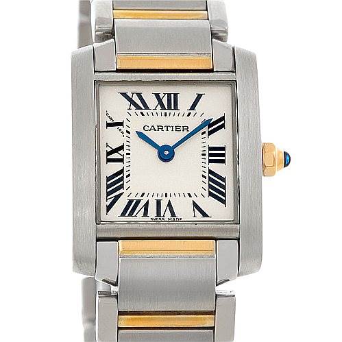 This image shows the front view of a Cartier Tank Francaise W51007Q4 Women's Steel and Gold (two tone) Silver Dial W51007Q4 Women's Steel and Gold (two tone) Silver Dial watch, highlighting its rectangular face, Roman numeral indices, and metal bracelet.
