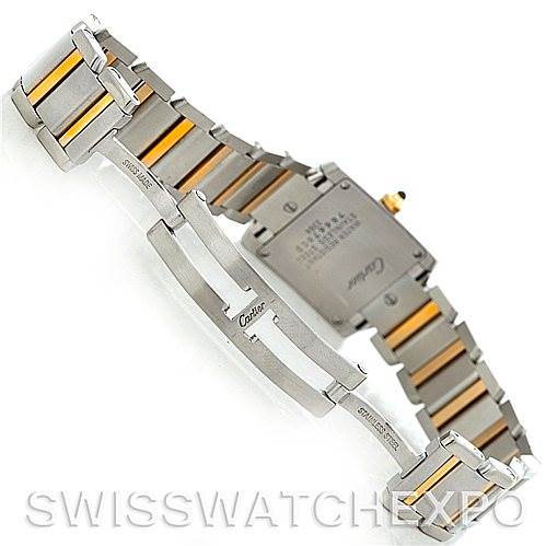 The image shows the back view of a Cartier Tank Francaise W51007Q4 Women's Steel and Gold (two tone) Silver Dial W51007Q4 Women's Steel and Gold (two tone) Silver Dial watch, highlighting the strap, clasp, and case back.