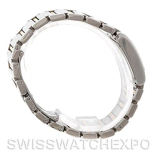 This Cartier Tank Française watch is shown from a side angle, displaying the metal bracelet and case.