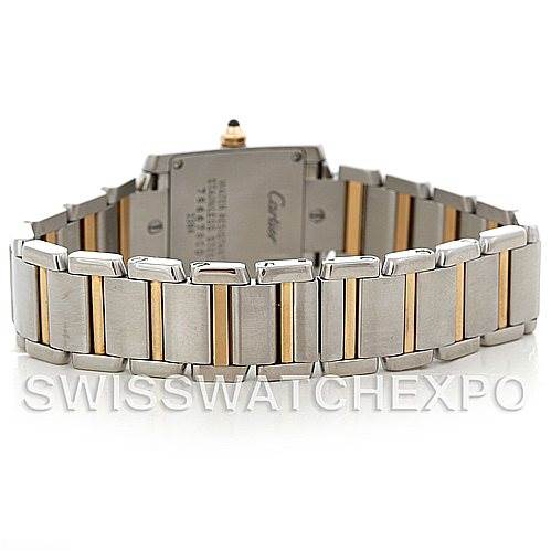 The image shows the back of a Cartier Tank Francaise W51007Q4 Women's Steel and Gold (two tone) Silver Dial W51007Q4 Women's Steel and Gold (two tone) Silver Dial watch, highlighting its stainless steel and gold bracelet.