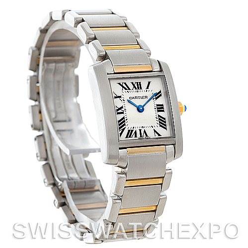 The image shows a Cartier Tank Française watch at a three-quarter angle, highlighting its face and bracelet.