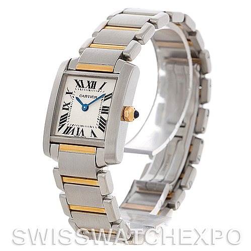 The image shows a front angle of the Cartier Tank Française watch, highlighting its rectangular face and metal bracelet.