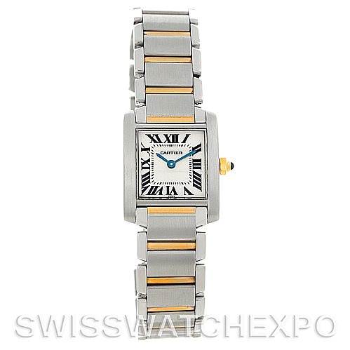 The image shows a head-on view of the Cartier Tank Francaise W51007Q4 Women's Steel and Gold (two tone) Silver Dial W51007Q4 Women's Steel and Gold (two tone) Silver Dial watch, displaying its face, bracelet, and crown.