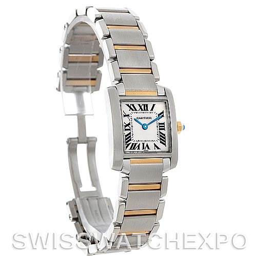 The image shows a Cartier Tank Francaise W51007Q4 Women's Steel and Gold (two tone) Silver Dial W51007Q4 Women's Steel and Gold (two tone) Silver Dial watch in a front angle, highlighting its rectangular case, bracelet, and Roman numeral dial.