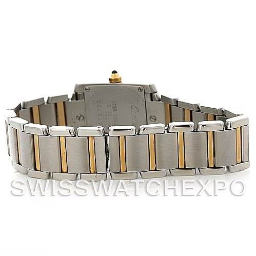 This image shows the stainless steel and gold bracelet of a Cartier Tank Francaise W51007Q4 Women's Steel and Gold (two tone) Silver Dial W51007Q4 Women's Steel and Gold (two tone) Silver Dial watch from the back angle.