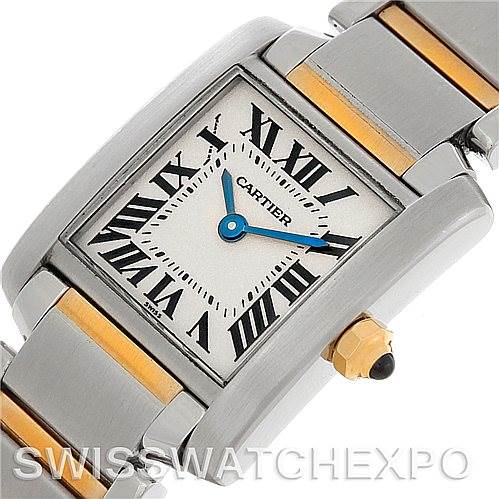 This image shows the Cartier Tank Francaise W51007Q4 Women's Steel and Gold (two tone) Silver Dial W51007Q4 Women's Steel and Gold (two tone) Silver Dial watch at an angled close-up, highlighting the face, bezel, and part of the bracelet.