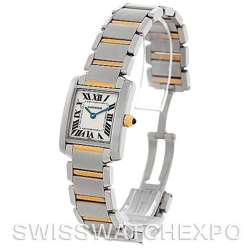 This image shows a Cartier Tank Francaise W51007Q4 Women's Steel and Gold (two tone) Silver Dial W51007Q4 Women's Steel and Gold (two tone) Silver Dial watch at a three-quarter angle, highlighting its face, bracelet, and clasp.