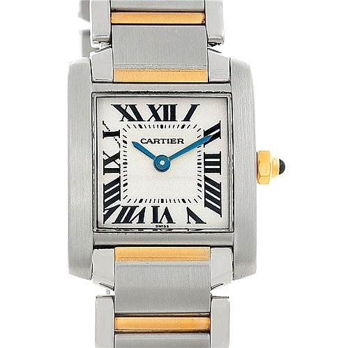 The image shows a front view of the Cartier Tank Francaise W51007Q4 Women's Steel and Gold (two tone) Silver Dial W51007Q4 Women's Steel and Gold (two tone) Silver Dial watch, highlighting the face, bracelet, and crown.