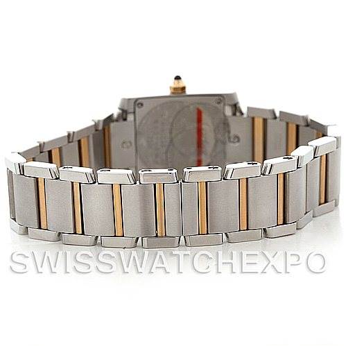 The image shows the back view of the bracelet and case of the Cartier Tank Française watch.