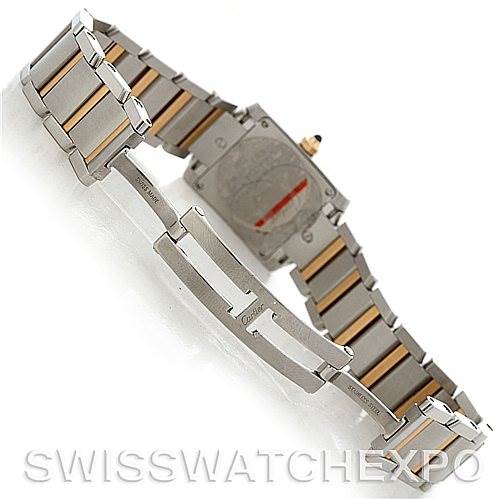 This image shows the underside and bracelet of a Cartier Tank Francaise W51007Q4 Women's Steel and Gold (two tone) Silver Dial W51007Q4 Women's Steel and Gold (two tone) Silver Dial watch from a rear angle.