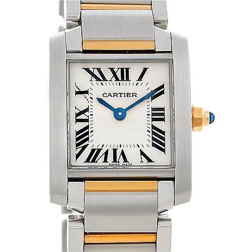 The image shows a front view of the Cartier Tank Francaise W51007Q4 Women's Steel and Gold (two tone) Silver Dial W51007Q4 Women's Steel and Gold (two tone) Silver Dial watch, highlighting its rectangular face, Roman numerals, and metal bracelet.