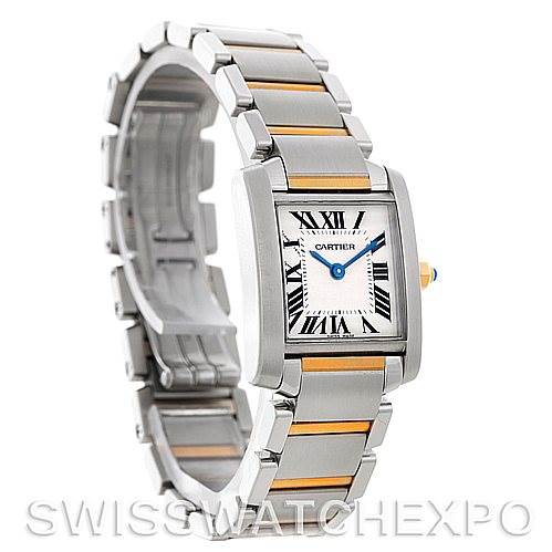 The image shows a Cartier Tank Francaise W51007Q4 Women's Steel and Gold (two tone) Silver Dial W51007Q4 Women's Steel and Gold (two tone) Silver Dial watch from a three-quarter angle, highlighting the face and bracelet.