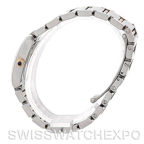 The image shows the side view of a Cartier Tank Francaise W51007Q4 Women's Steel and Gold (two tone) Silver Dial W51007Q4 Women's Steel and Gold (two tone) Silver Dial watch, focusing on its bracelet and crown.