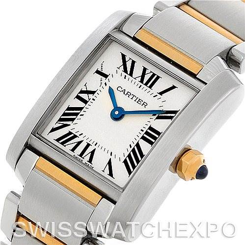The Cartier Tank Francaise W51007Q4 Women's Steel and Gold (two tone) Silver Dial W51007Q4 Women's Steel and Gold (two tone) Silver Dial watch is shown at an angled close-up, highlighting the face, Roman numerals, blue hands, and part of the stainless steel and gold bracelet.