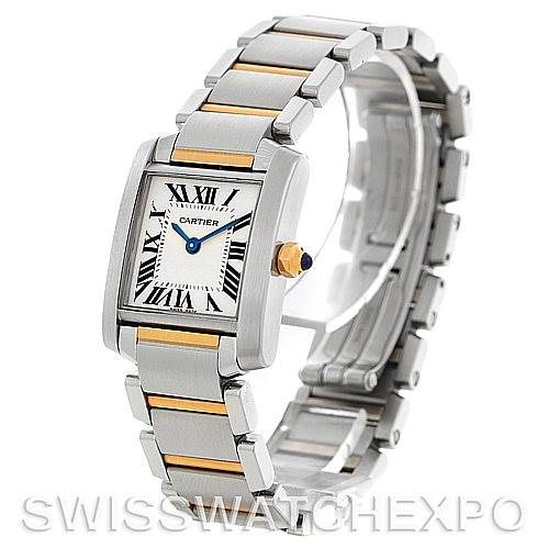 The Cartier Tank Francaise W51007Q4 Women's Steel and Gold (two tone) Silver Dial W51007Q4 Women's Steel and Gold (two tone) Silver Dial watch is shown at a three-quarter angle, highlighting its two-tone bracelet and rectangular dial with Roman numerals.