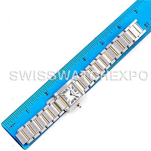 The image shows a straight top-down view of a Cartier Tank Francaise W51007Q4 Women's Steel and Gold (two tone) Silver Dial W51007Q4 Women's Steel and Gold (two tone) Silver Dial watch, with a ruler beside it for scale.