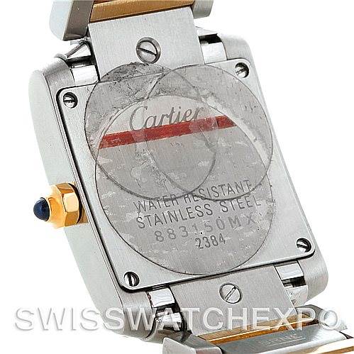 The image shows the back case of a Cartier Tank Francaise W51007Q4 Women's Steel and Gold (two tone) Silver Dial W51007Q4 Women's Steel and Gold (two tone) Silver Dial watch, highlighting its stainless steel and water-resistant markings.