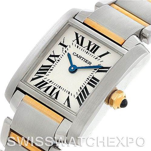 The image shows a close-up angle of the Cartier Tank Francaise W51007Q4 Women's Steel and Gold (two tone) Silver Dial W51007Q4 Women's Steel and Gold (two tone) Silver Dial watch, focusing on the dial, crown, and part of the bracelet.