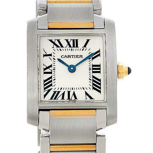 The image shows the front view of a Cartier Tank Française watch, highlighting its rectangular dial, Roman numerals, and metal strap.