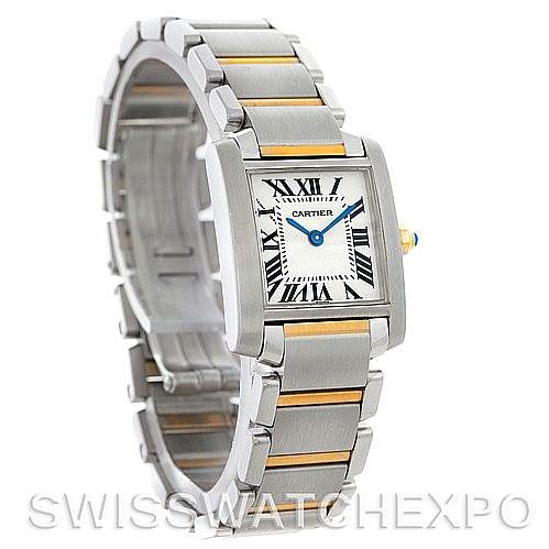 The image shows a Cartier Tank Francaise W51007Q4 Women's Steel and Gold (two tone) Silver Dial W51007Q4 Women's Steel and Gold (two tone) Silver Dial watch angled to display its face, bezel, and metal bracelet with gold accents.