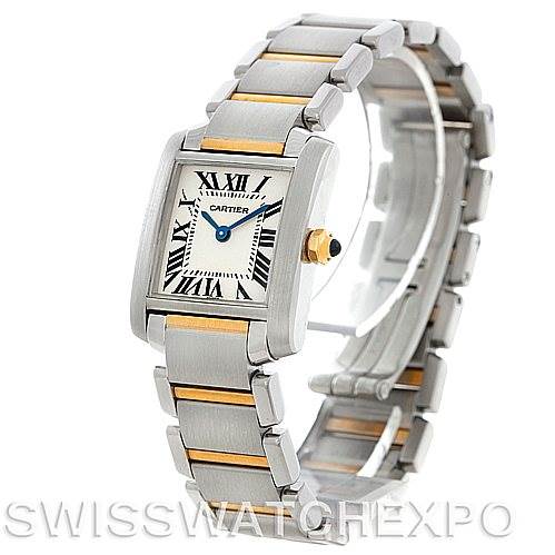 The image shows a side angle view of a Cartier Tank Francaise W51007Q4 Women's Steel and Gold (two tone) Silver Dial W51007Q4 Women's Steel and Gold (two tone) Silver Dial watch, highlighting its rectangular face, Roman numerals, and metal bracelet.
