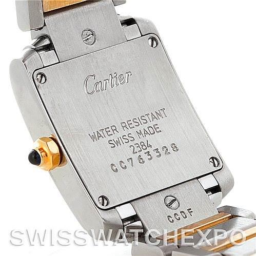This image shows the back case and part of the bracelet of a Cartier Tank Francaise W51007Q4 Women's Steel and Gold (two tone) Silver Dial W51007Q4 Women's Steel and Gold (two tone) Silver Dial watch.