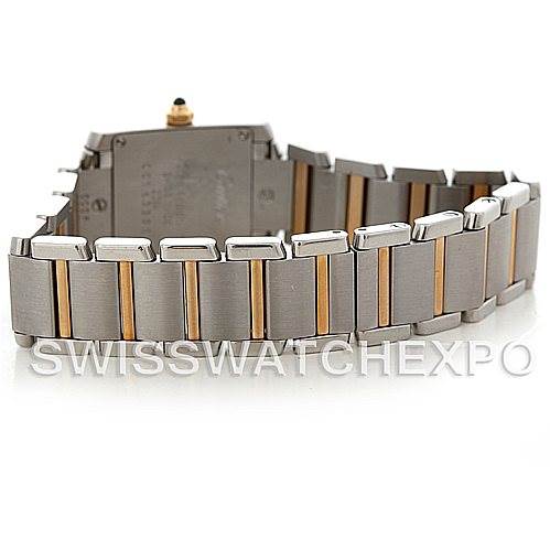 This image shows the bracelet and back case of a Cartier Tank Francaise W51007Q4 Women's Steel and Gold (two tone) Silver Dial W51007Q4 Women's Steel and Gold (two tone) Silver Dial watch at an angled rear view.