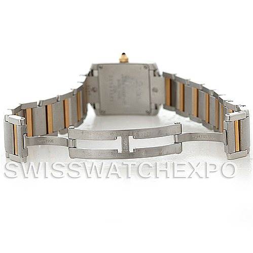 This image shows the back view of a Cartier Tank Française watch, highlighting the deployment clasp and the two-tone bracelet.