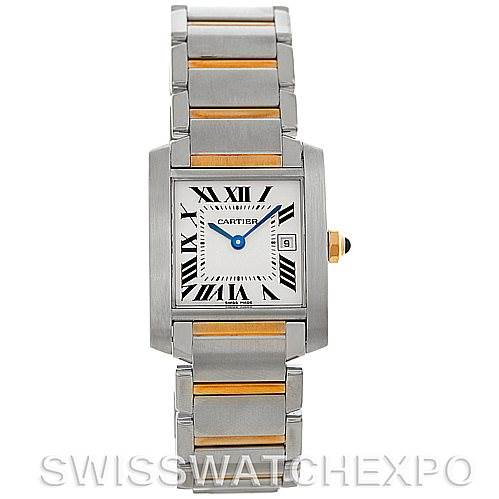 The image shows a frontal view of a Cartier Tank Francaise W51012Q4 Women's Steel and Gold (two tone) Silver Dial W51012Q4 Women's Steel and Gold (two tone) Silver Dial watch, highlighting its face, Roman numeral markers, and two-tone metal bracelet.