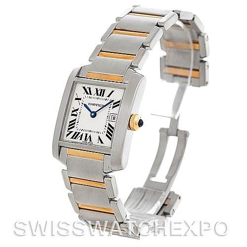 The Cartier Tank Francaise W51012Q4 Women's Steel and Gold (two tone) Silver Dial W51012Q4 Women's Steel and Gold (two tone) Silver Dial watch is shown from an angled side view, displaying its face, bracelet links, and part of the clasp.