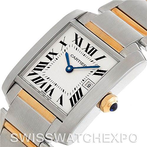 The image shows a close-up angled view of the Cartier Tank Francaise W51012Q4 Women's Steel and Gold (two tone) Silver Dial W51012Q4 Women's Steel and Gold (two tone) Silver Dial watch, highlighting the dial, crown, and parts of the bracelet.