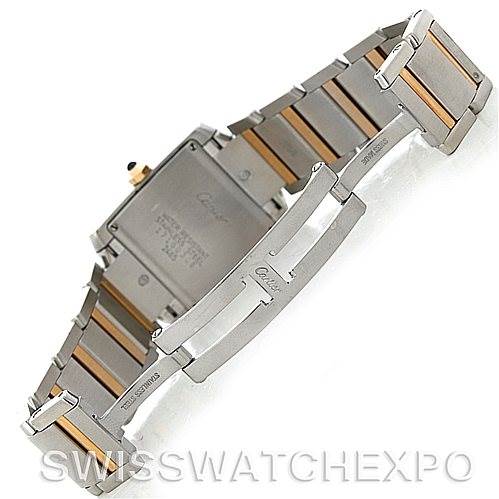 The image shows the back and bracelet of a Cartier Tank Francaise W51012Q4 Women's Steel and Gold (two tone) Silver Dial W51012Q4 Women's Steel and Gold (two tone) Silver Dial watch, highlighting its clasp and two-tone metal links.