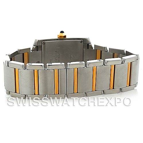 The image shows the back view of a Cartier Tank Francaise W51012Q4 Women's Steel and Gold (two tone) Silver Dial W51012Q4 Women's Steel and Gold (two tone) Silver Dial watch, highlighting its two-tone stainless steel and gold bracelet.