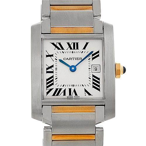 The image shows a frontal view of the Cartier Tank Française watch, highlighting its face, bezel, and partially visible bracelet.