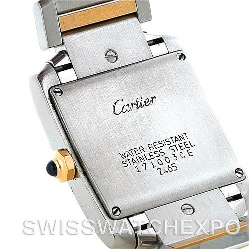 The image shows the back of a Cartier Tank Francaise W51012Q4 Women's Steel and Gold (two tone) Silver Dial W51012Q4 Women's Steel and Gold (two tone) Silver Dial watch, highlighting the stainless steel case and part of the bracelet.